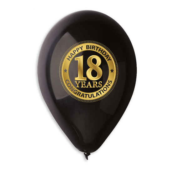 30 cm-es fekete 18. születésnapra gumi léggömb - 10 db / csomag